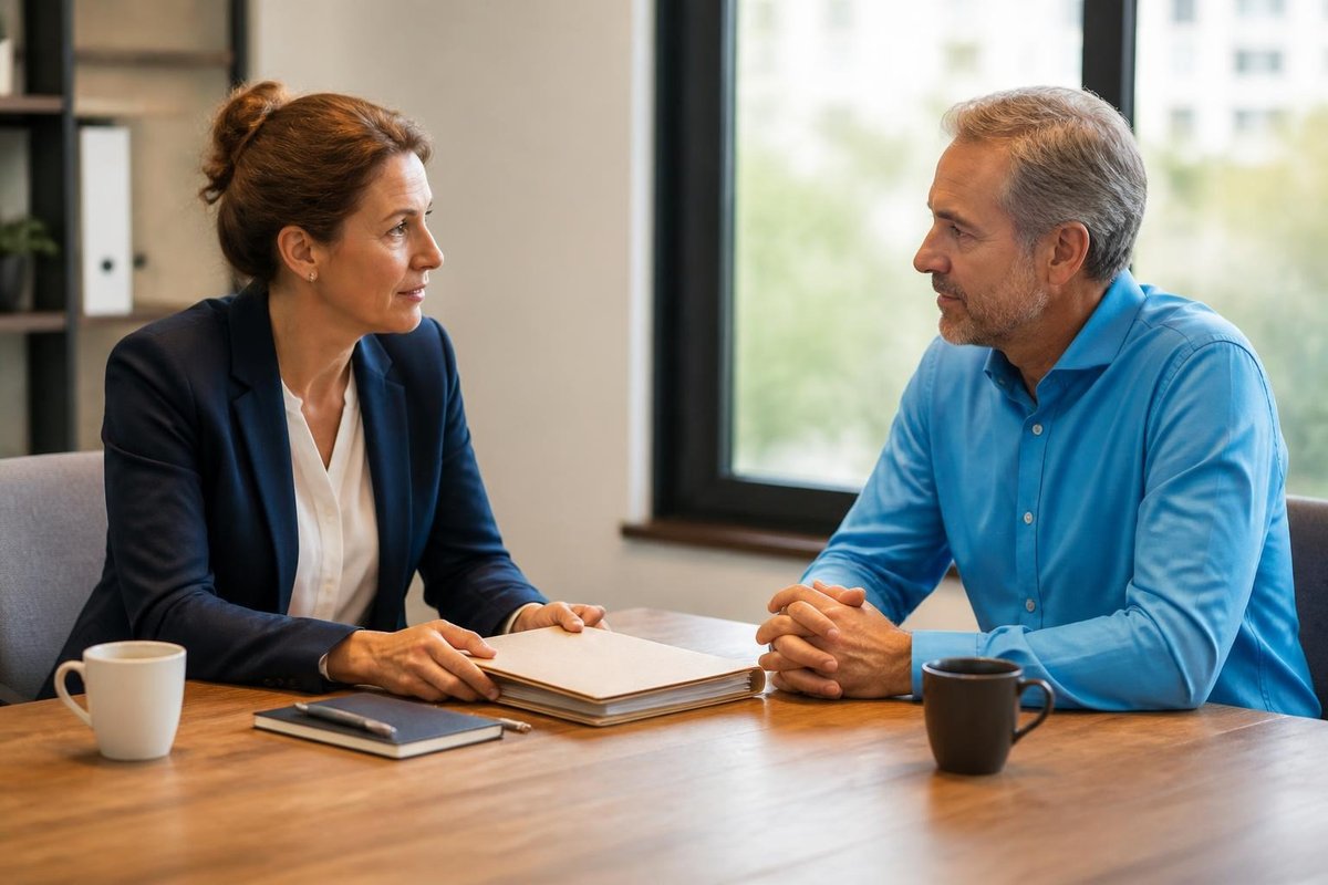 HR-adviseur en medewerker in gesprek aan tafel over het re-integratiedossier en het tweede spoor