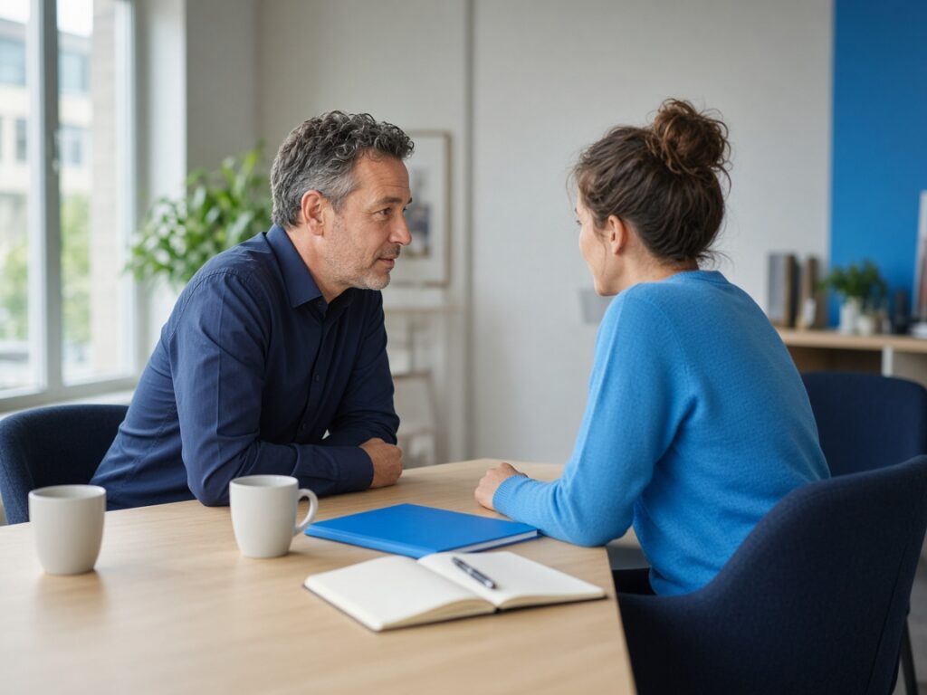 Werkgever en medewerker in een open gesprek aan tafel over de start van het tweede spoor