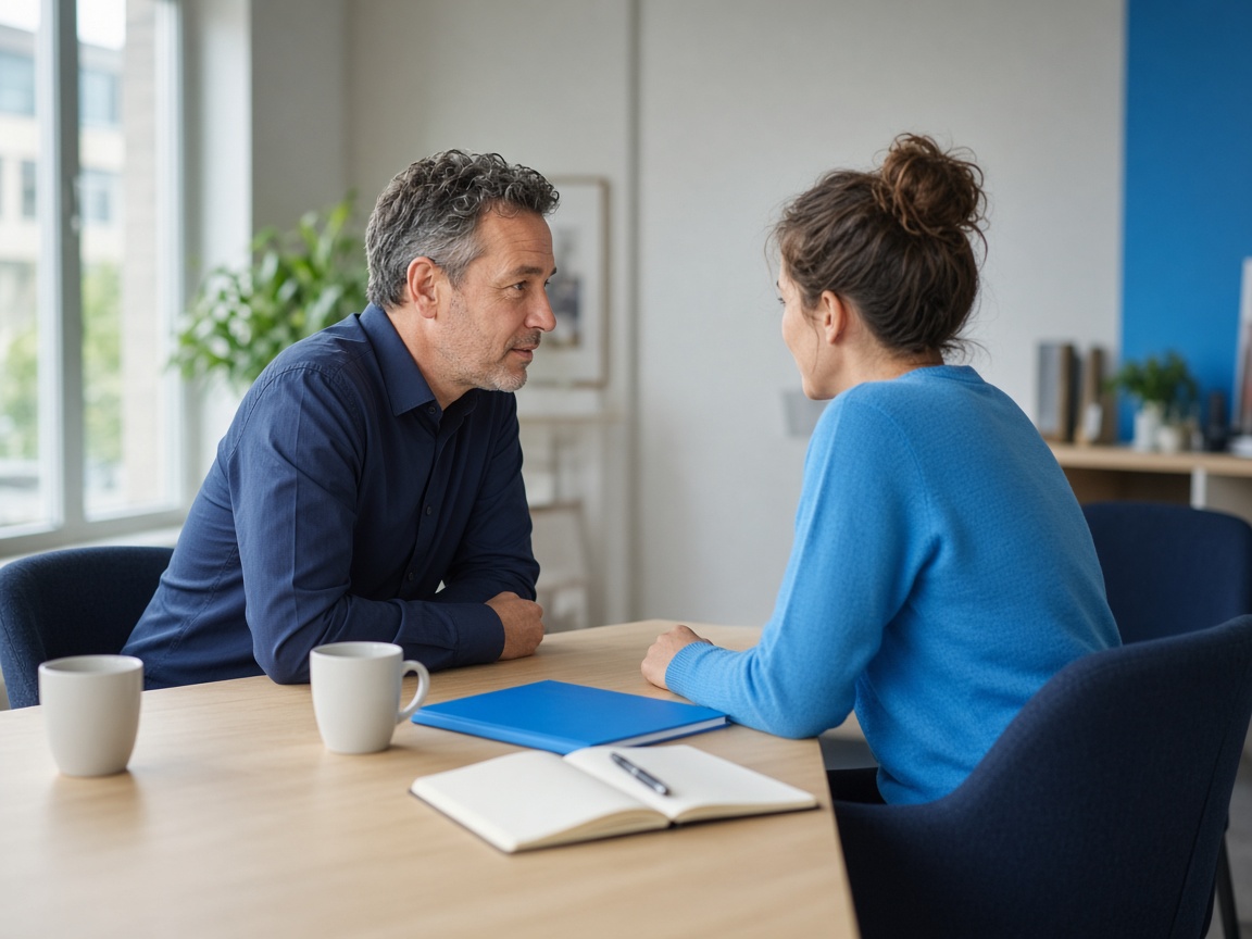 Werkgever en medewerker in een open gesprek aan tafel over de start van het tweede spoor