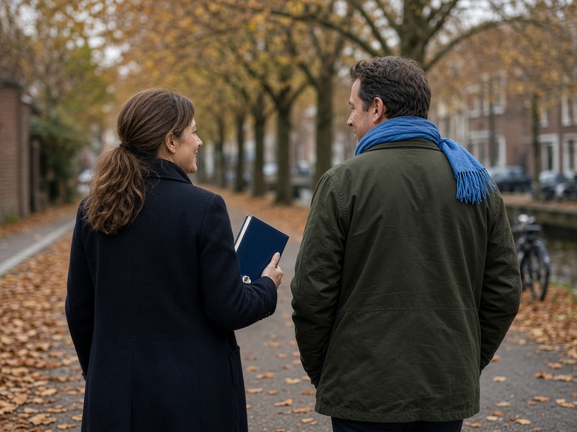 Re-integratiecoach en medewerker lopen samen buiten en praten over nieuwe mogelijkheden in het tweede spoor